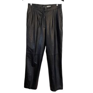 Mario Valentino Neiman Marcus Black Leather Pleated High Waist Dress Pants‎
